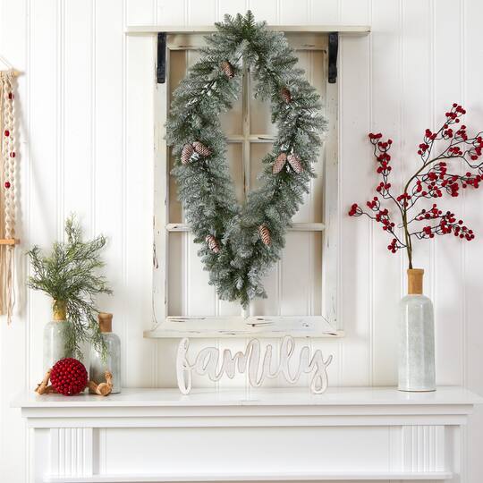 3ft. White LED Lights Geometric Diamond Christmas Frosted Wreath With Pinecones